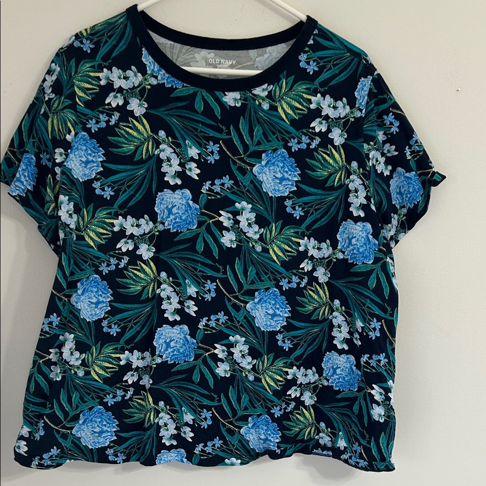 Old Navy Floral Print Short Sleeve Top - Black and Blue